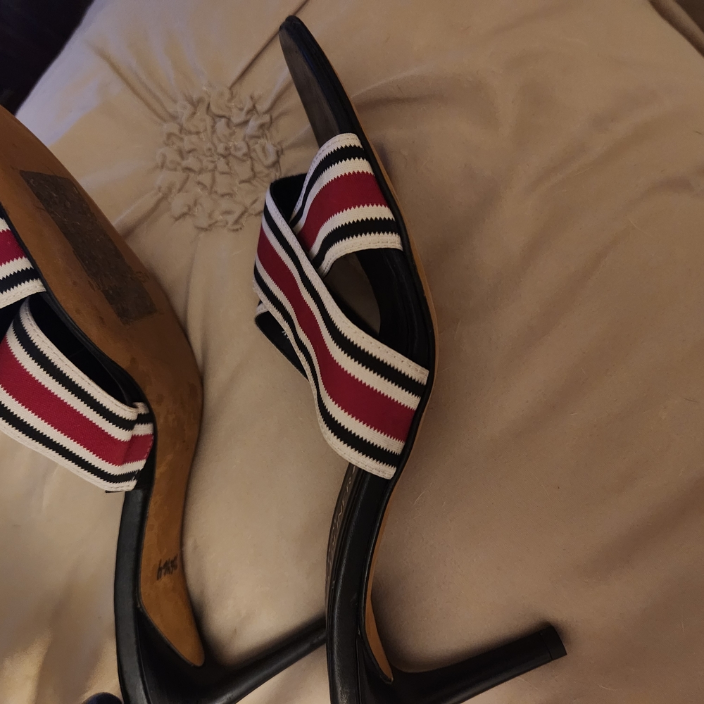 Donald J. Pliner Trix Black/Red Mules w/ Striped Fabric Straps Size 7.5 Med - Picture 7 of 8